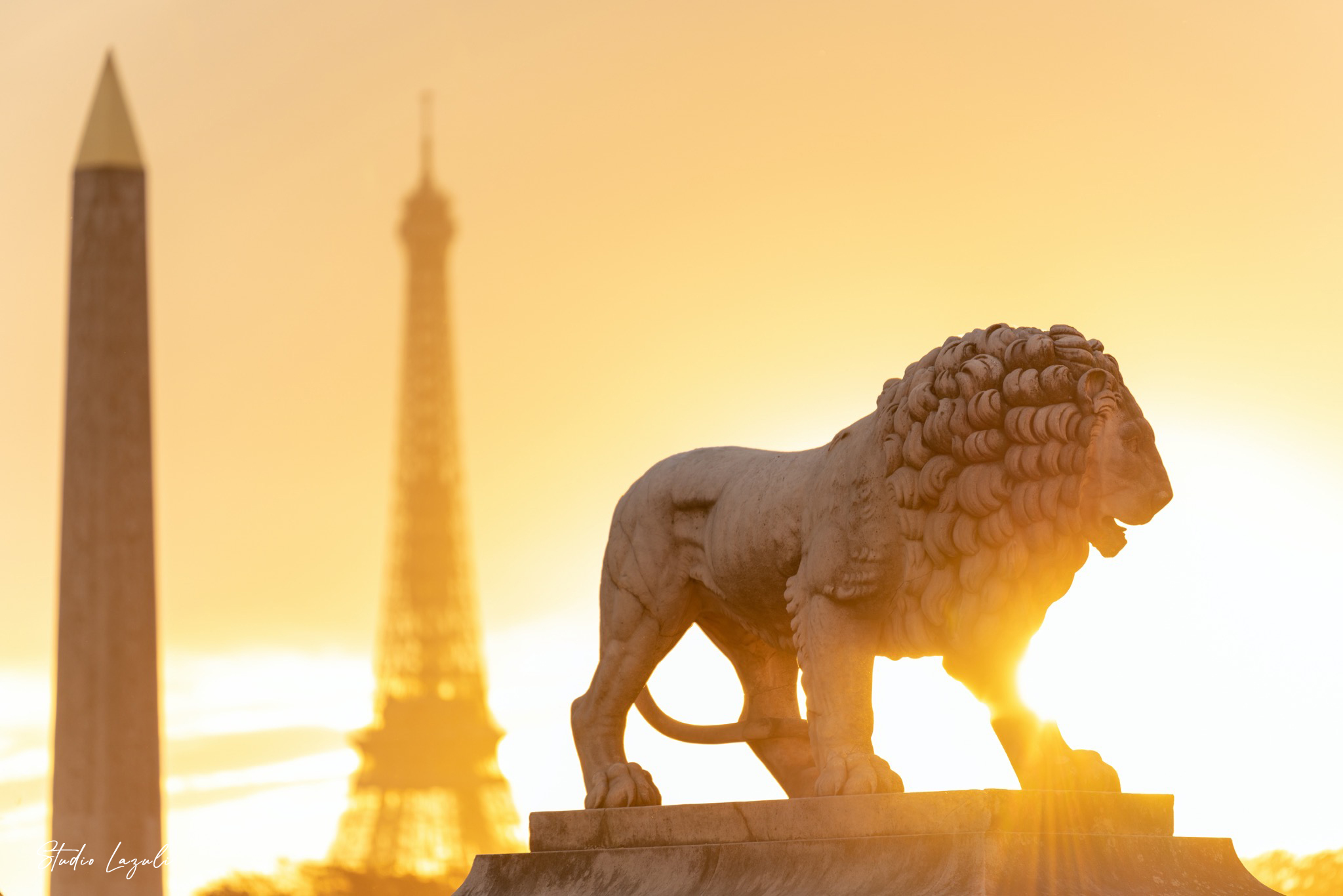 Eiffel Tower and obelisk in golden hour